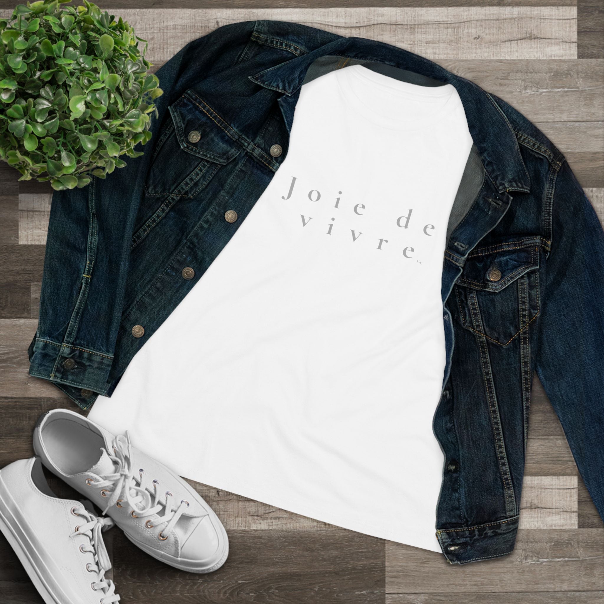 Joie de vivre tee styled with jeans and minimalist sneakers, casual everyday outfit inspiration.