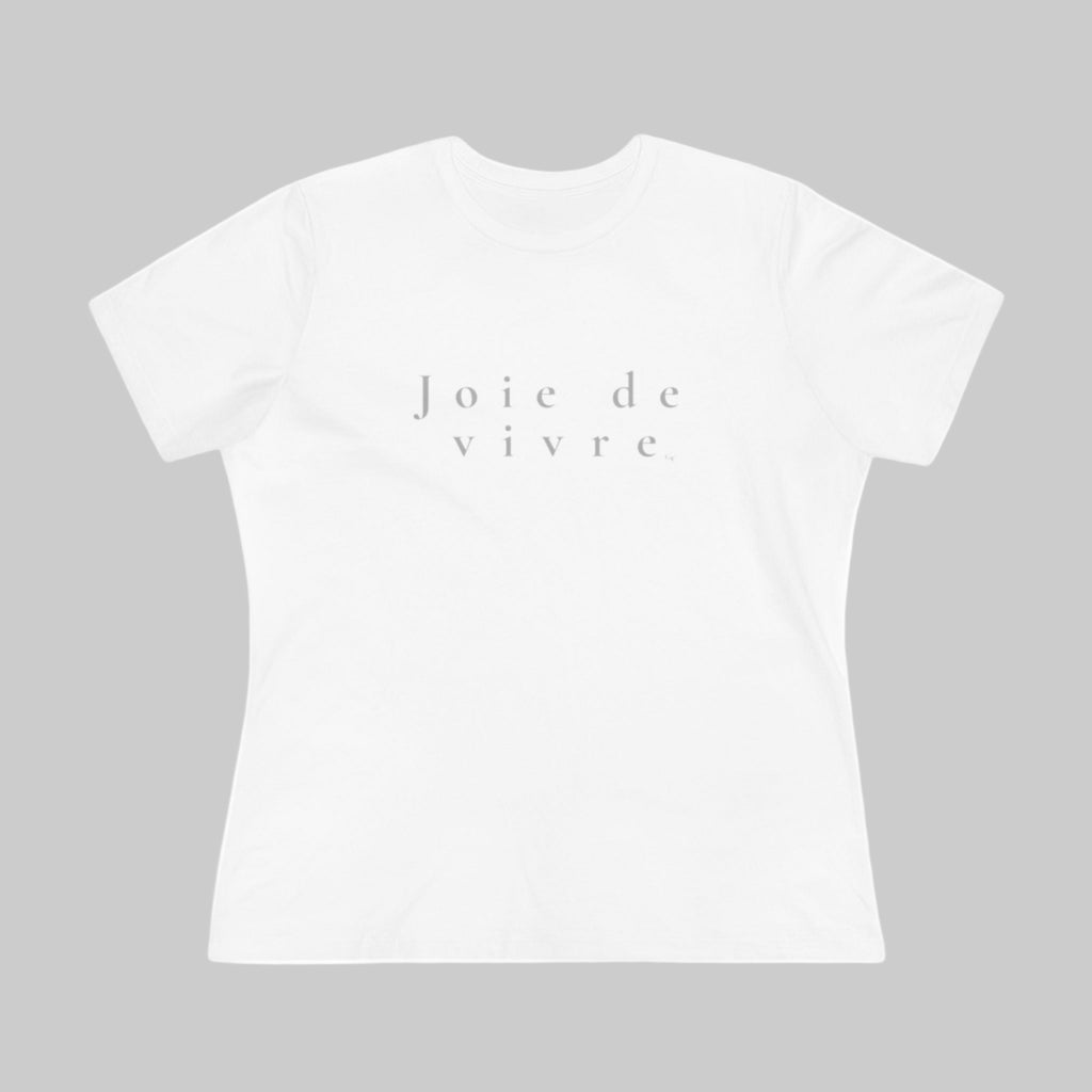White Joie de vivre women’s cotton tee, Bella+Canvas 6400 front view on light gray background.