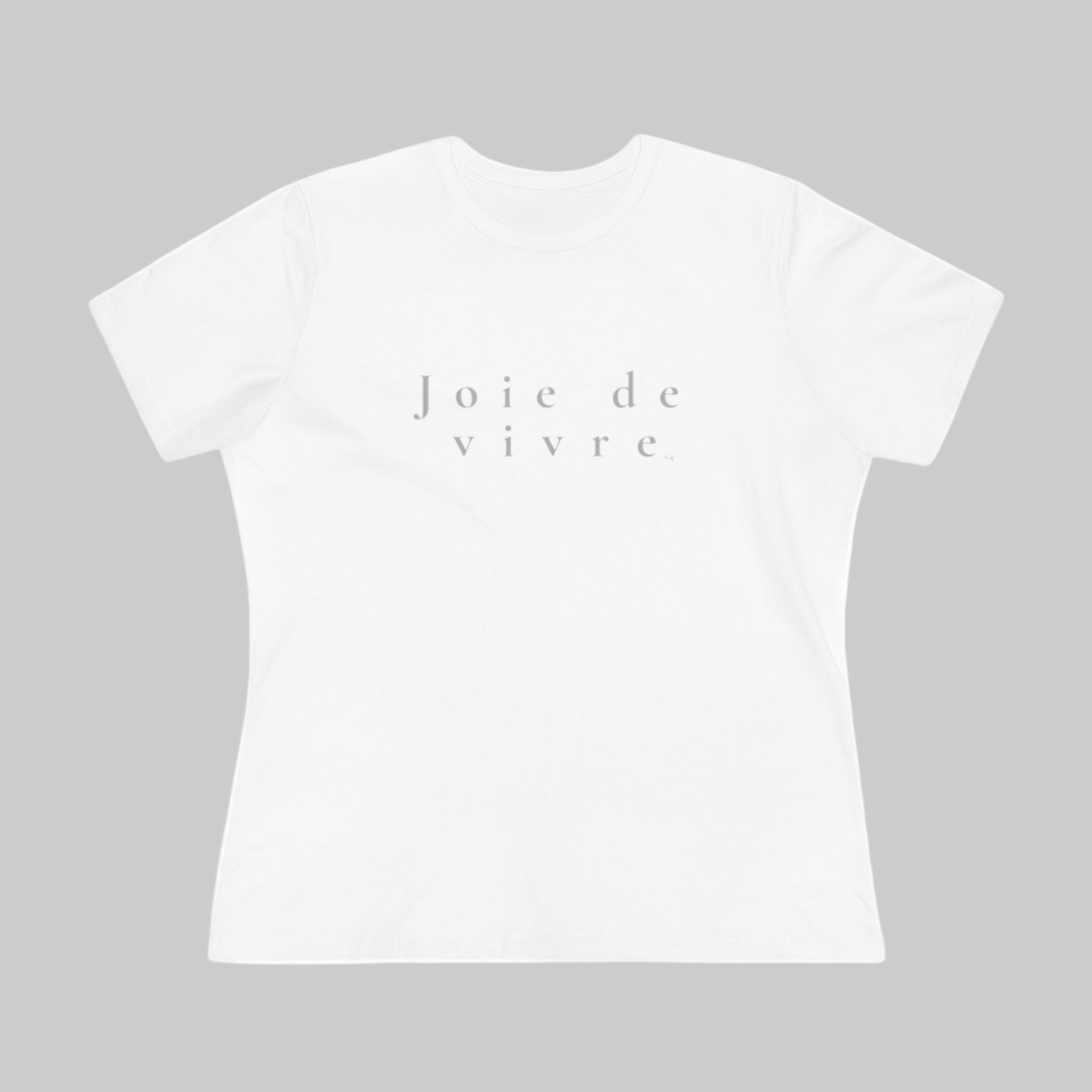 White Joie de vivre women’s cotton tee, Bella+Canvas 6400 front view on light gray background.