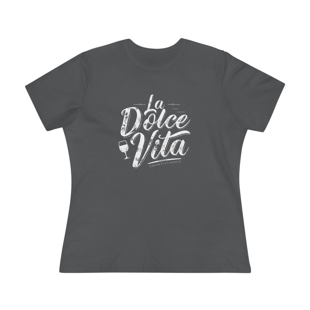 Flat lay of an asphalt women’s t-shirt with the phrase “La Dolce Vita – Chianti Classico” in bold white script across the chest.