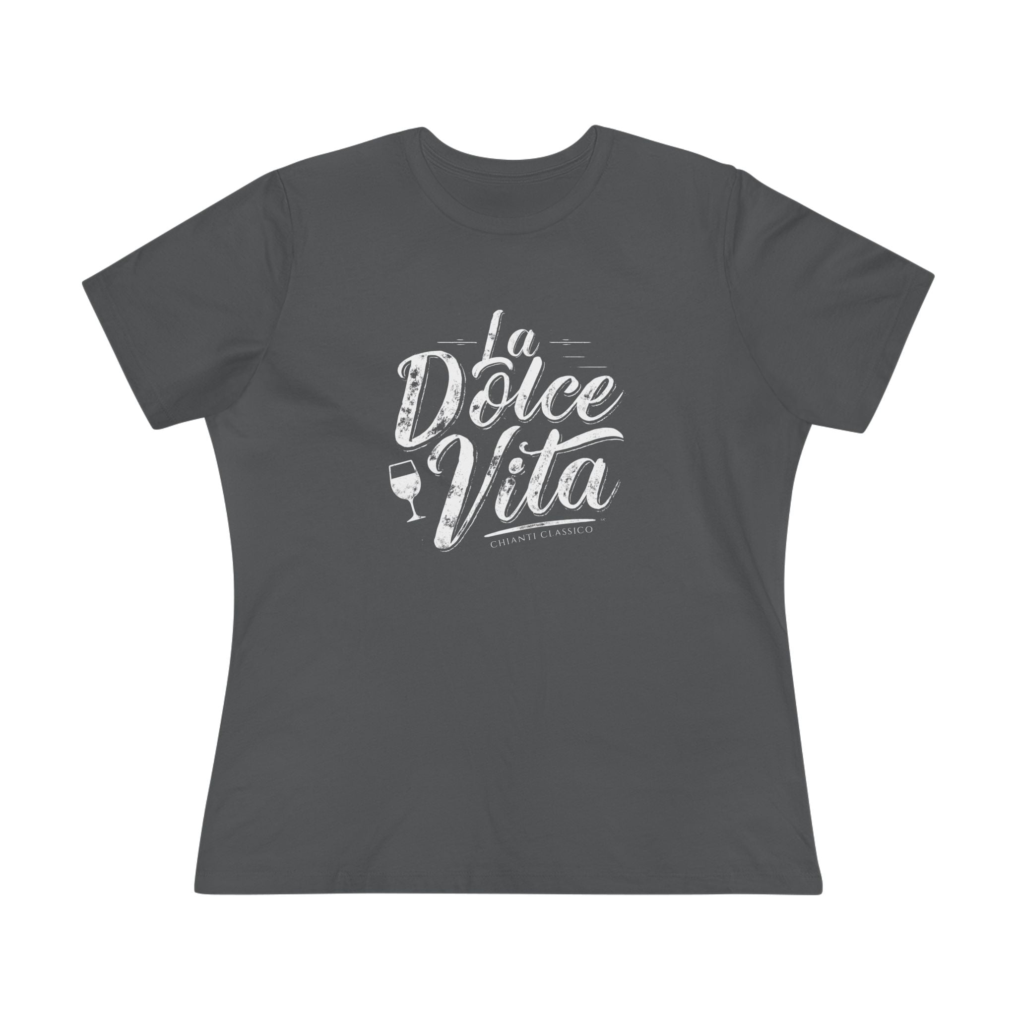 Flat lay of an asphalt women’s t-shirt with the phrase “La Dolce Vita – Chianti Classico” in bold white script across the chest.