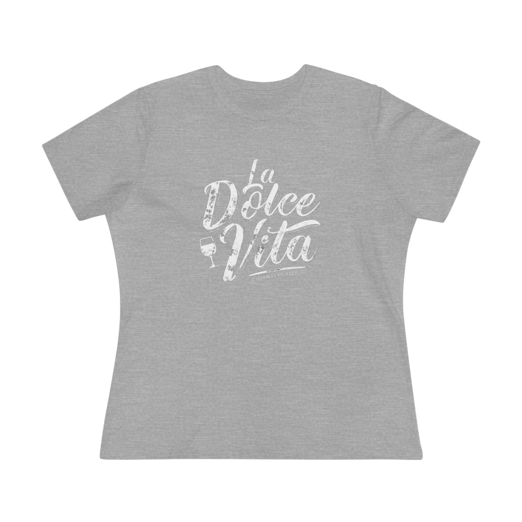 Flat lay of an athletic heather women’s t-shirt with the phrase “La Dolce Vita – Chianti Classico” in bold white script across the chest.