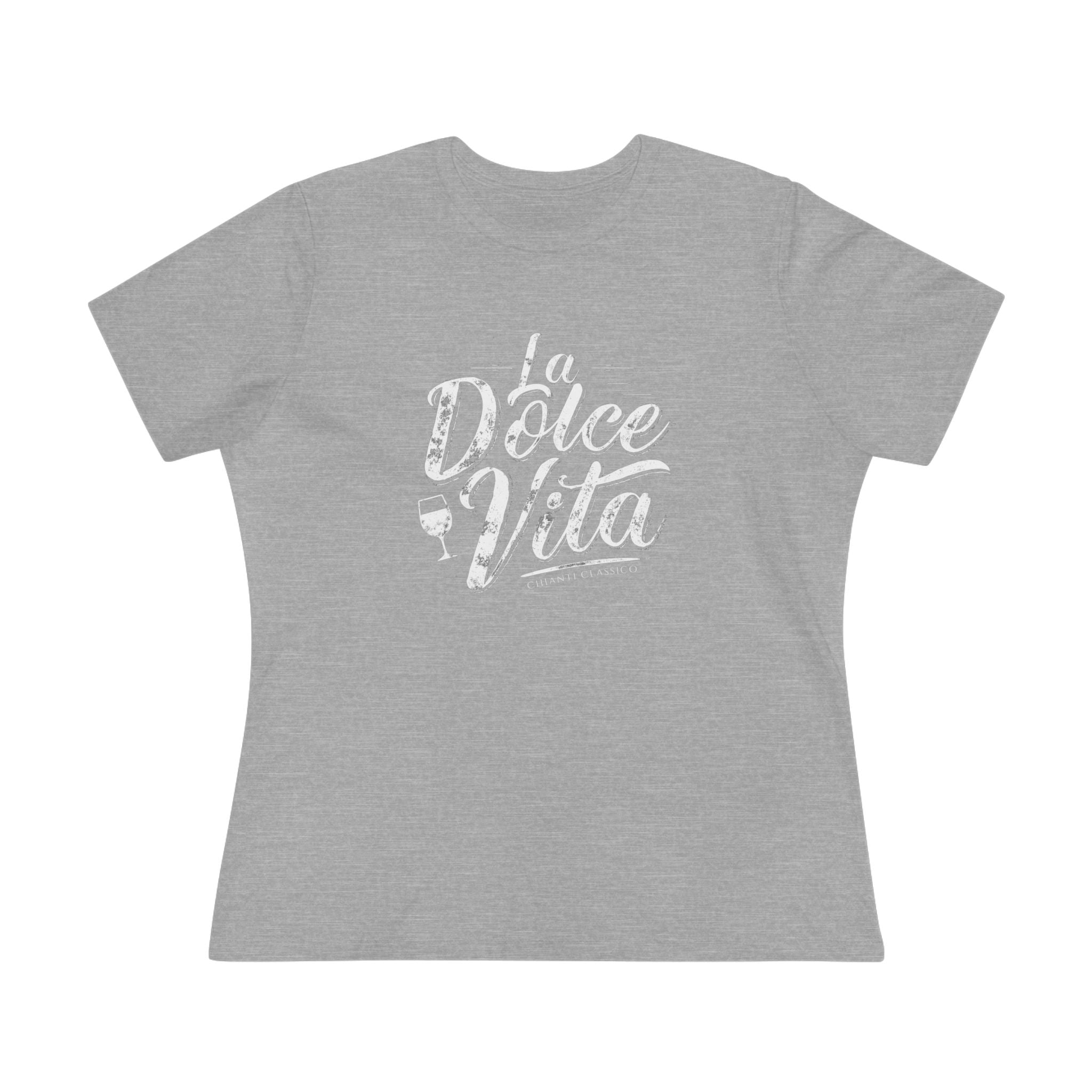 Flat lay of an athletic heather women’s t-shirt with the phrase “La Dolce Vita – Chianti Classico” in bold white script across the chest.