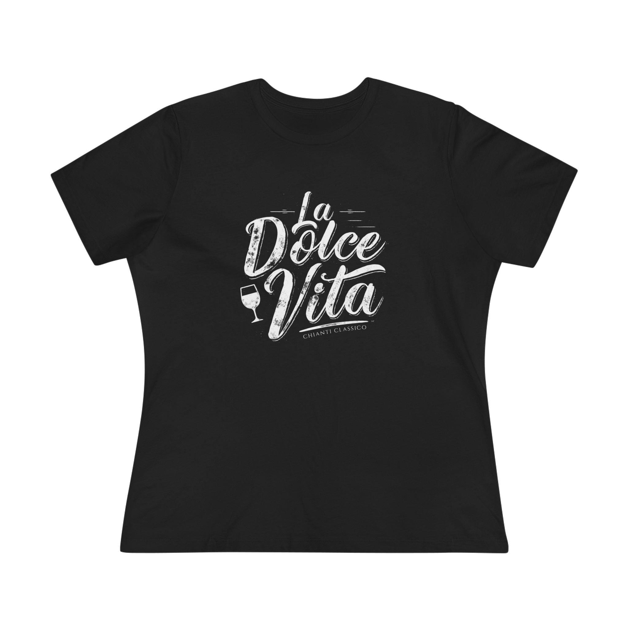Flat lay of an black women’s t-shirt with the phrase “La Dolce Vita – Chianti Classico” in bold white script across the chest.