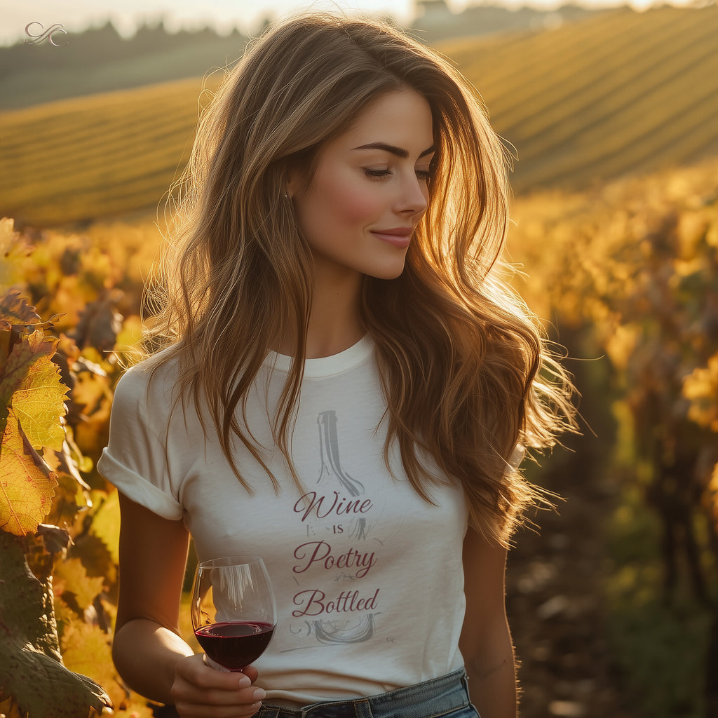 Elegant woman in a vineyard at sunset wearing the Wine & Poetry Bottled women’s cotton tee, holding a glass of red wine. Casual chic style for wine lovers and special occasions.