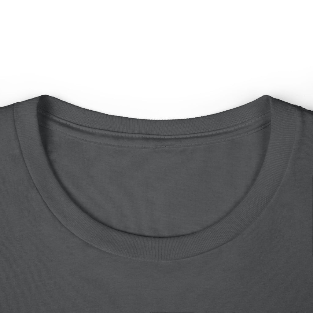 Close-up of the collar of the "Under the Tuscan Vines" women’s cotton tee in asphalt gray, showing ribbed neckline detail.