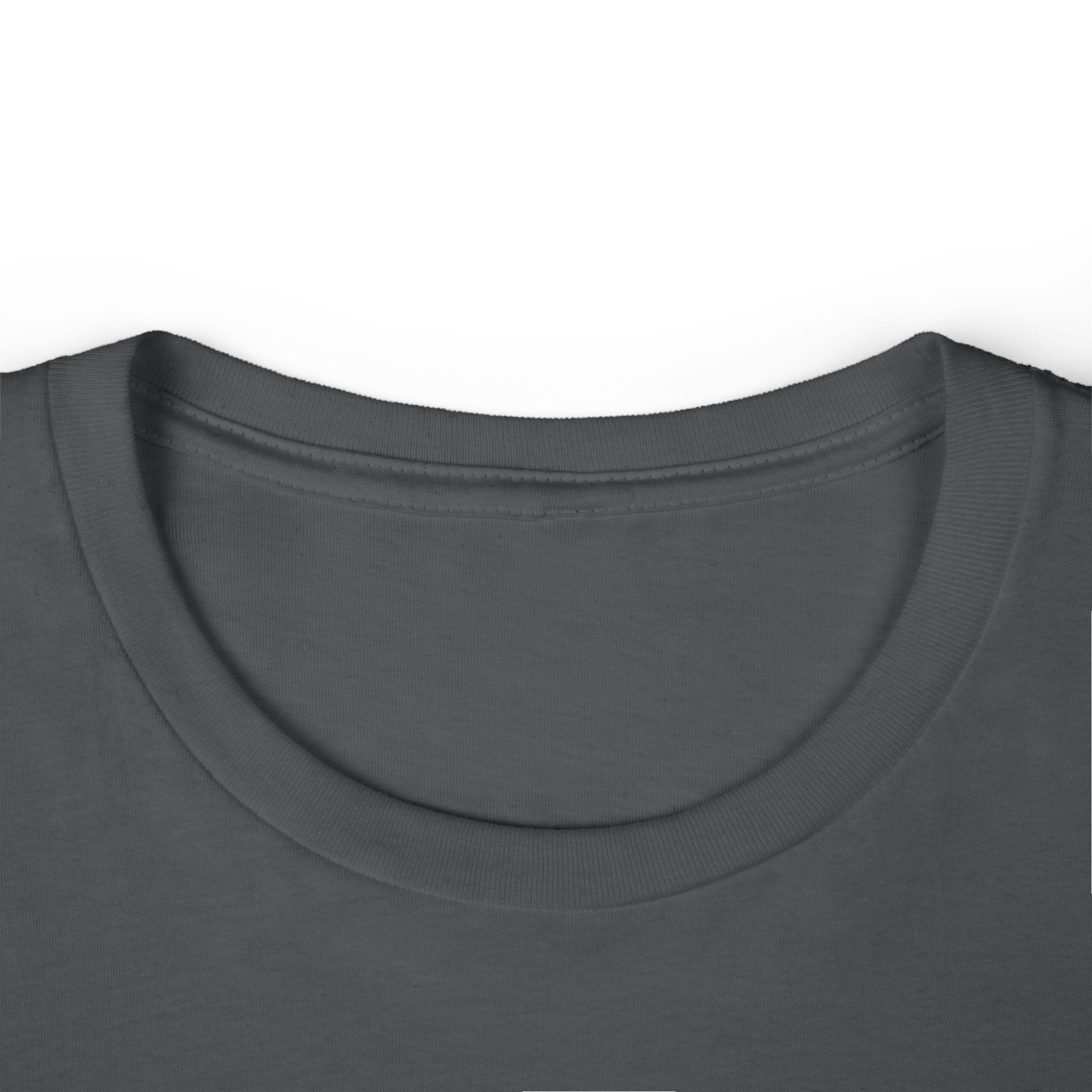 Close-up of the collar of the "Under the Tuscan Vines" women’s cotton tee in asphalt gray, showing ribbed neckline detail.