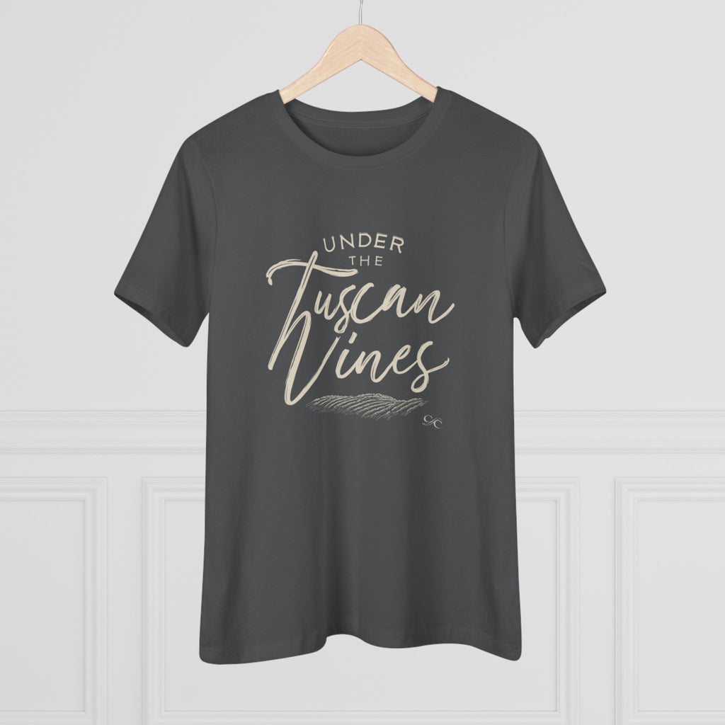 Asphalt gray women’s cotton tee with the phrase "Under the Tuscan Vines" in script, displayed on a wooden hanger against a light gray background.