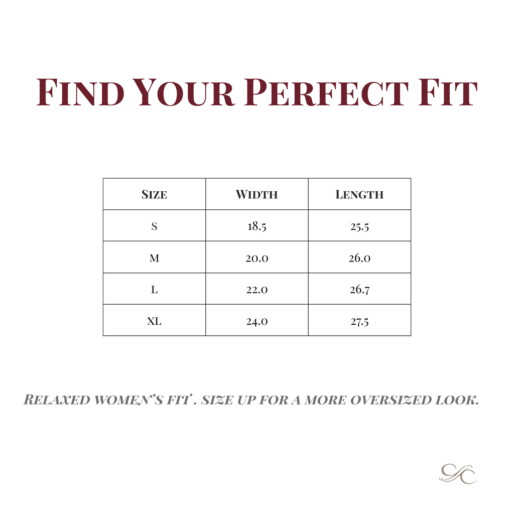 Size chart for the Under the Tuscan Vines women’s tee, showing width and length measurements for sizes S through XL. Includes note: “Relaxed women’s fit. Size up for a more oversized look.”