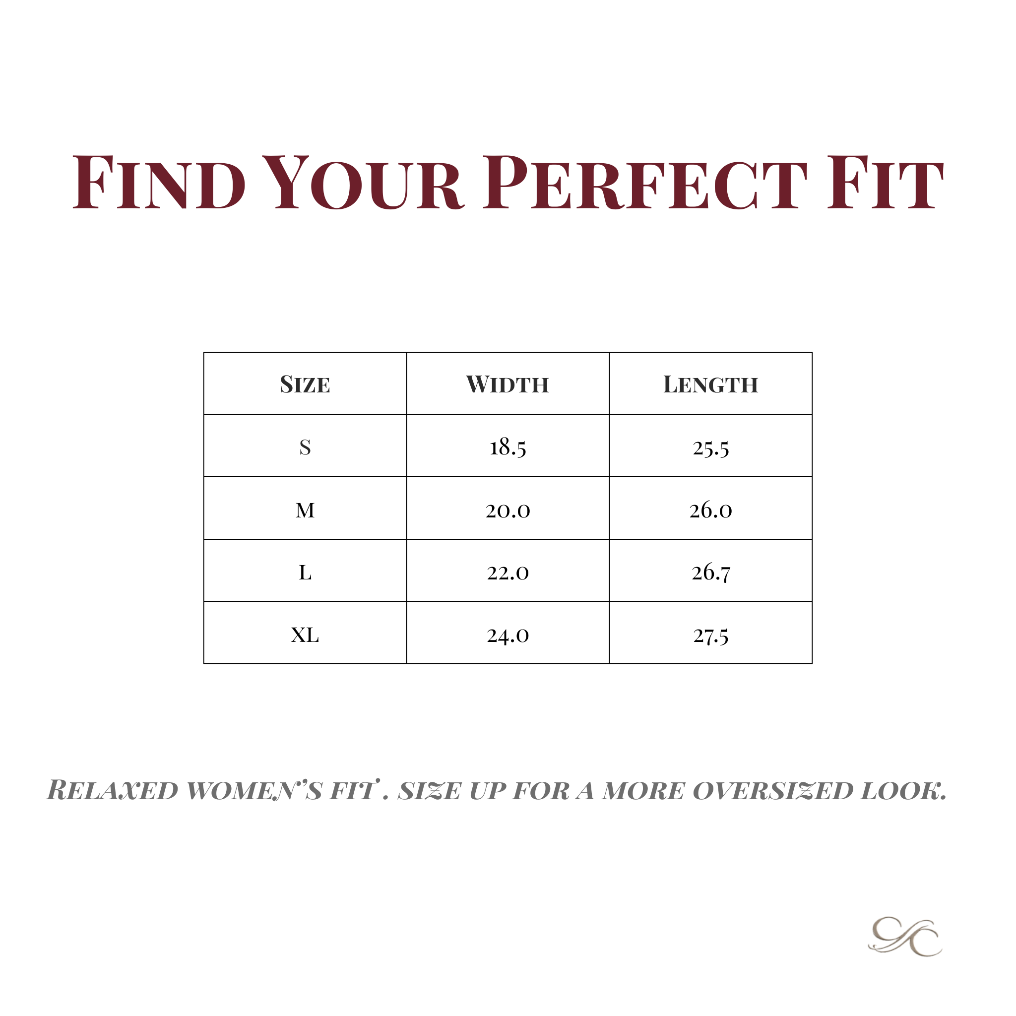 Size chart for the Under the Tuscan Vines women’s tee, showing width and length measurements for sizes S through XL. Includes note: “Relaxed women’s fit. Size up for a more oversized look.”