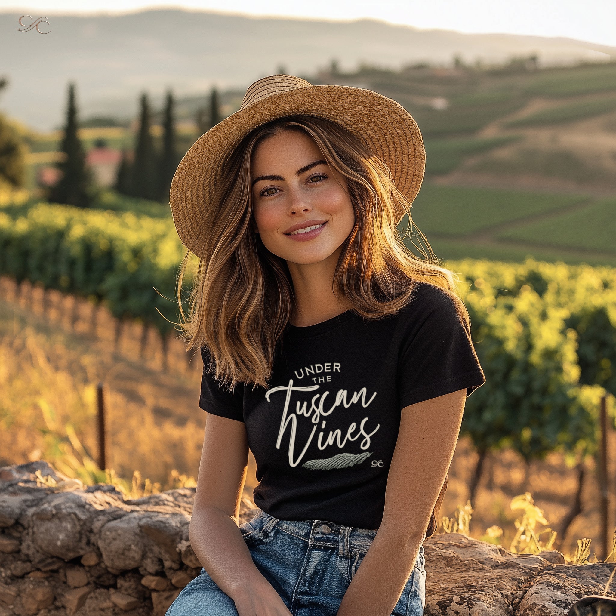 Woman in a straw hat sitting by a vineyard wall at sunset, wearing a black tee with the phrase "Under the Tuscan Vines" in script across the chest.