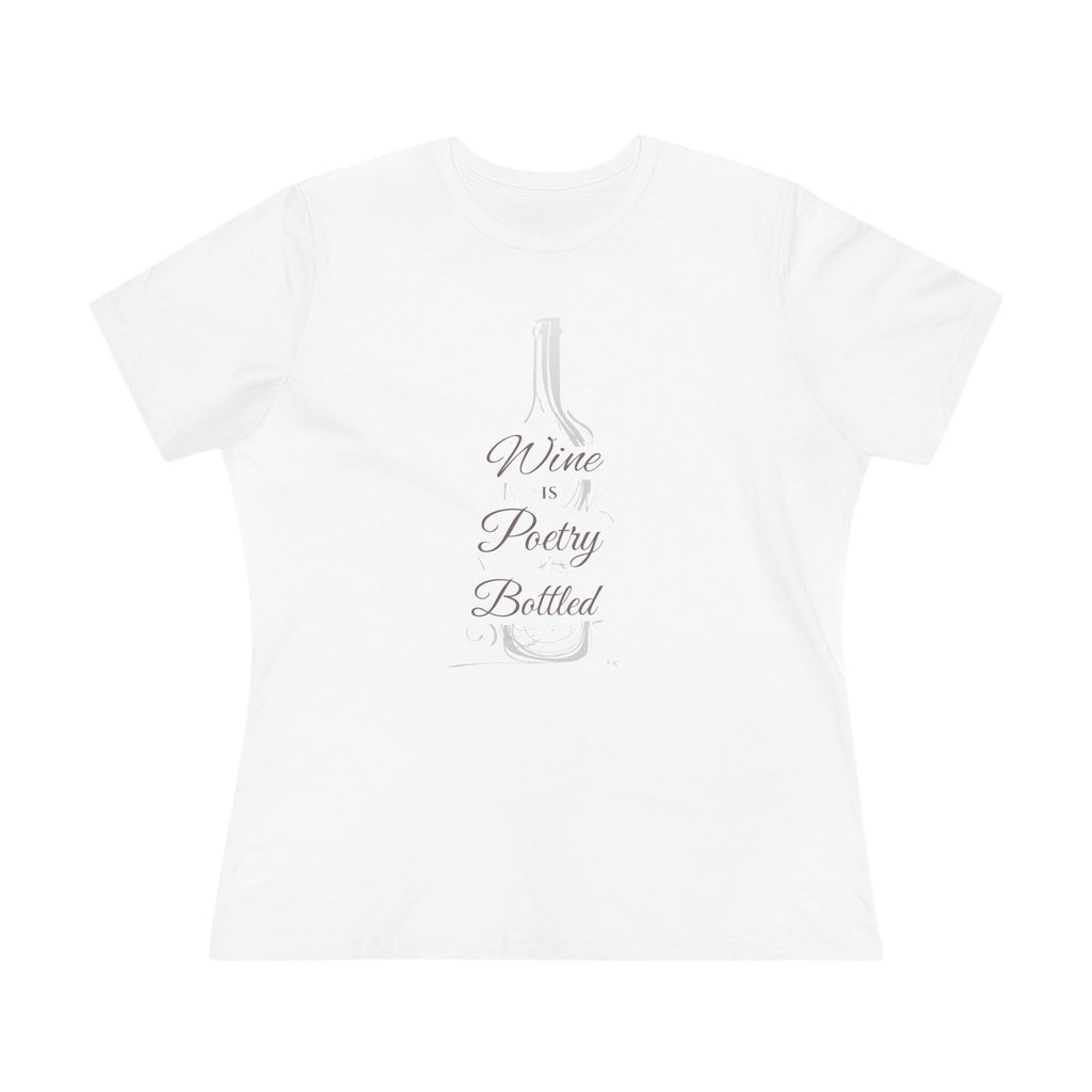 Front view of the Wine & Poetry Bottled women’s cotton tee in white, featuring a wine bottle outline with the phrase “Wine is Poetry Bottled.”