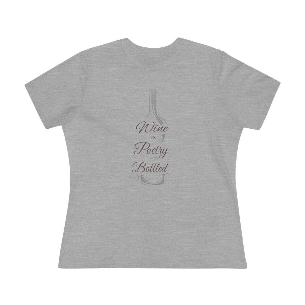 Front view of the Wine & Poetry Bottled women’s cotton tee in  athletic heather, featuring a wine bottle outline with the phrase “Wine is Poetry Bottled.”