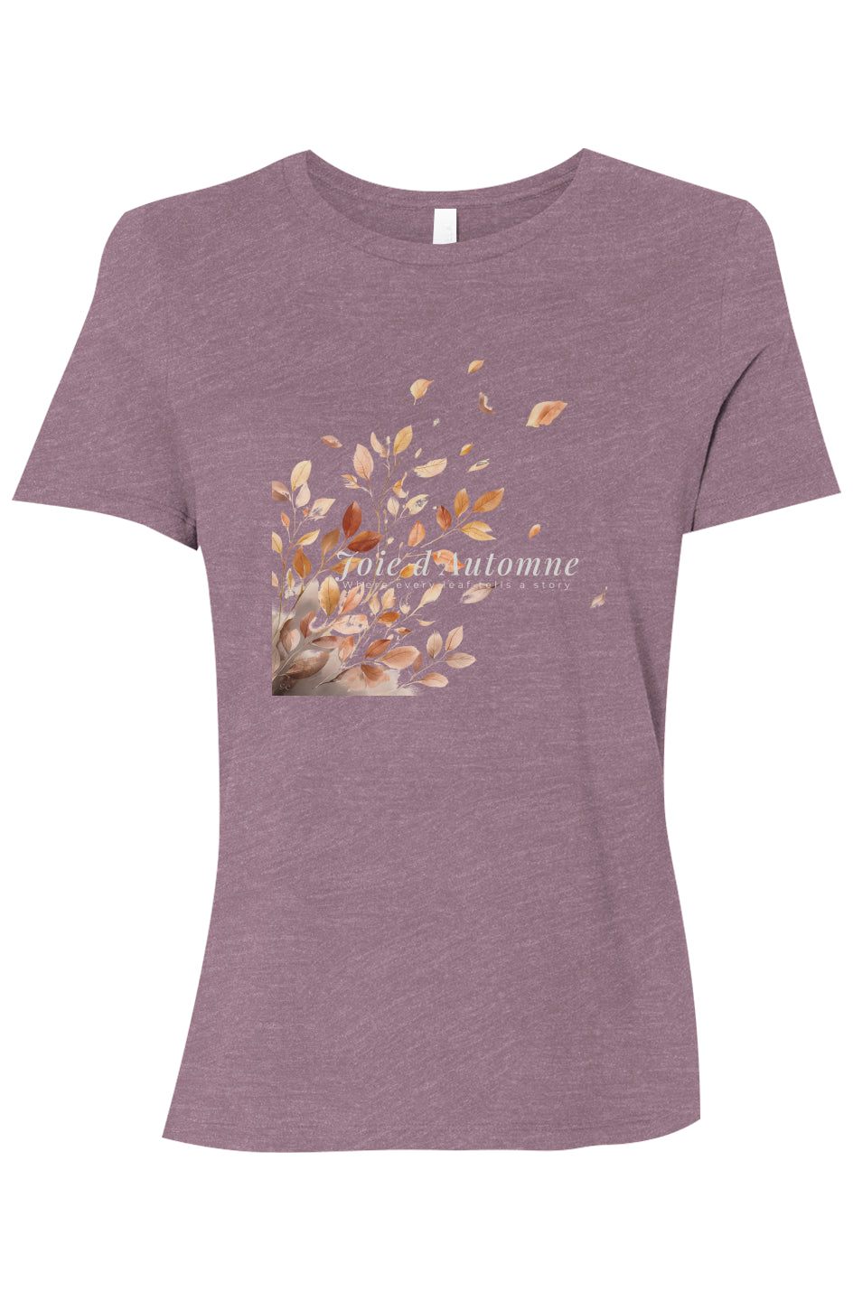 Joie d’Automne tee – Deep Edition in heather-mauve, featuring a warm vineyard-inspired palette and autumn leaf design by Joie Studio.