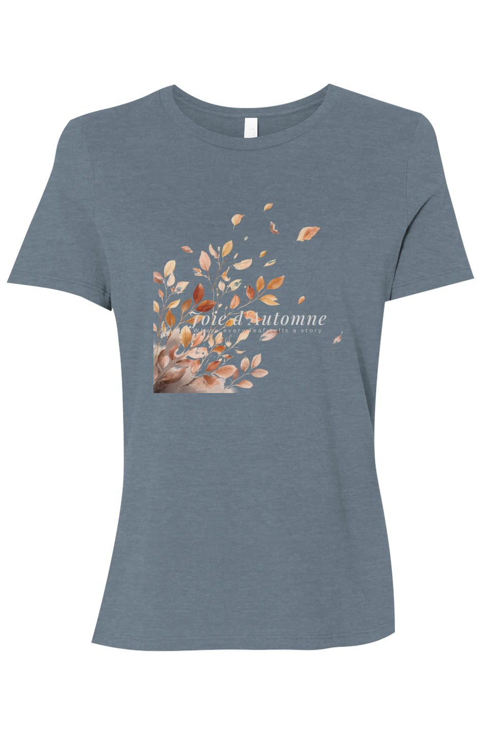 Joie d’Automne tee – Deep Edition in heather slate, featuring a warm vineyard-inspired palette and autumn leaf design by Joie Studio.