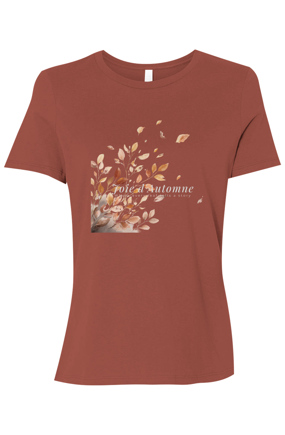Joie d’Automne tee – Deep Edition in Terracotta, featuring a warm vineyard-inspired palette and autumn leaf design by Joie Studio.