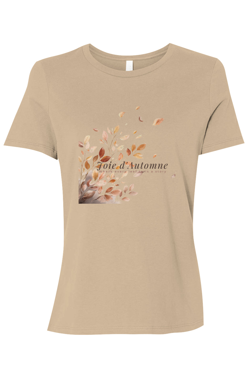 Joie d’Automne tee – Light Edition in sand dune, featuring a warm vineyard-inspired palette and autumn leaf design by Joie Studio.