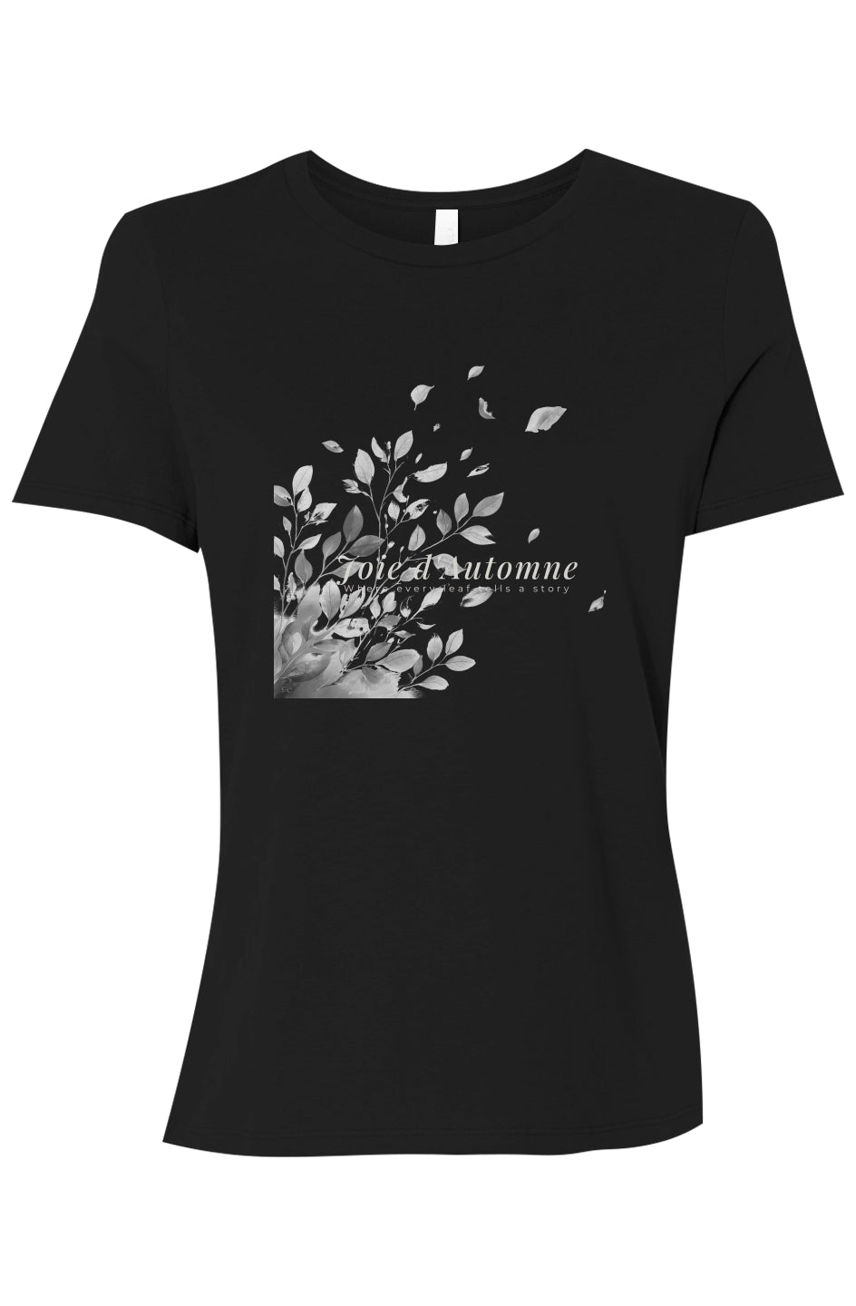 Joie d’Automne Noir Edition – women’s black relaxed jersey tee with bronze-gray leaf design and elegant autumn motif