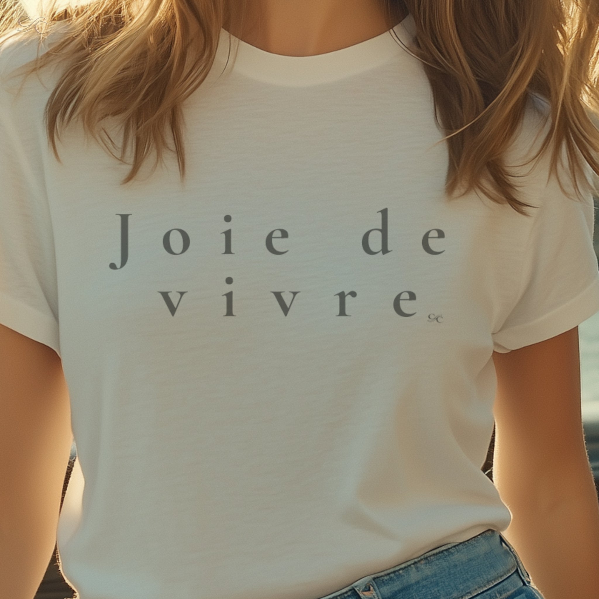 Close-up of Joie de vivre text design printed on women’s cotton tee.