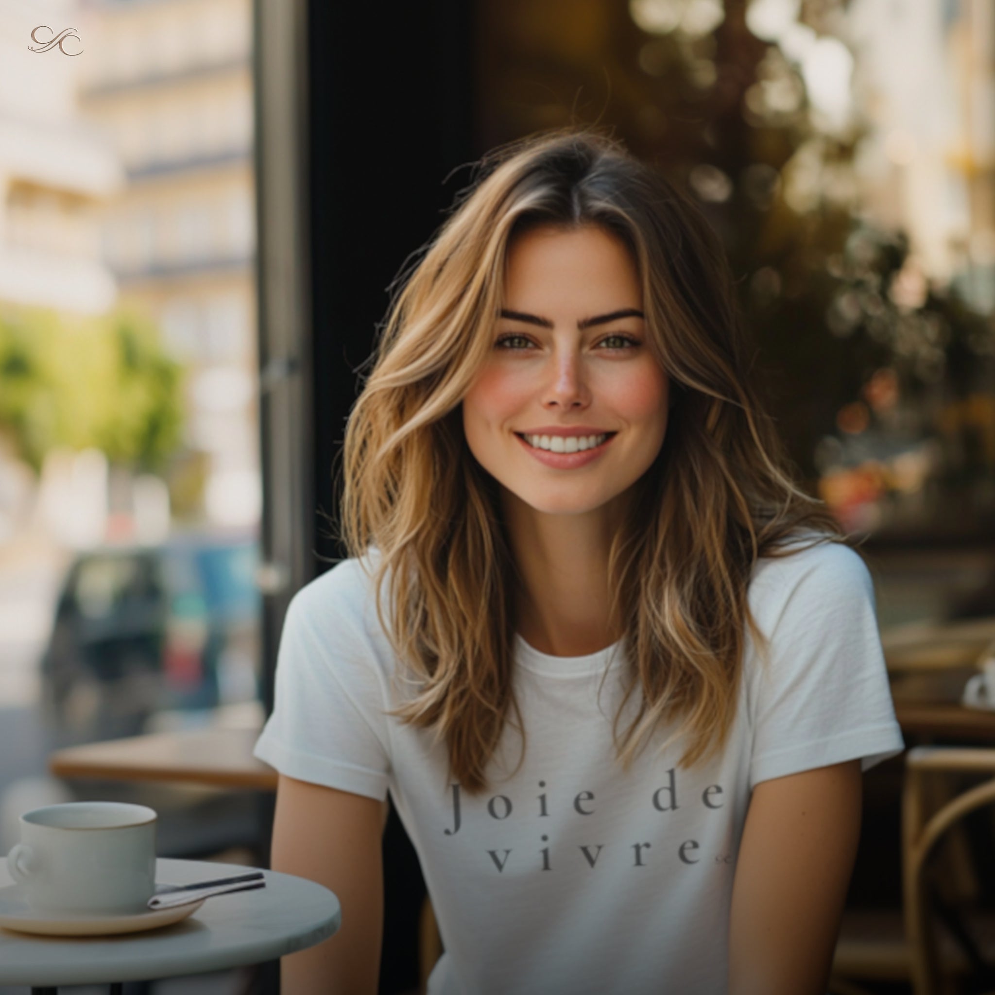 Model wearing Joie de vivre women’s cotton tee at Paris café, white Bella+Canvas shirt styled for everyday elegance.