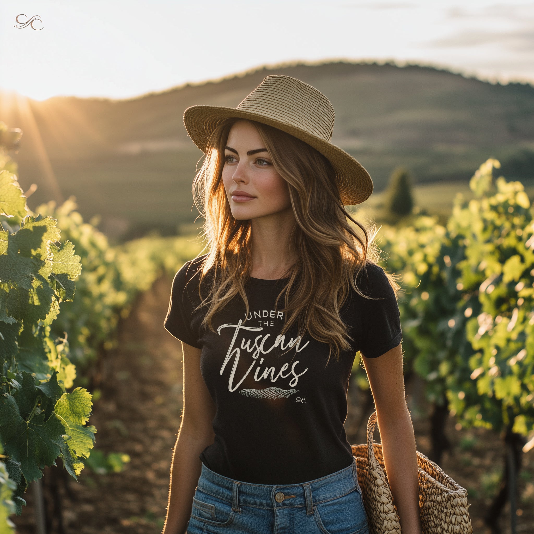 Woman in a straw hat wearing a black “Under the Tuscan Vines” tee, standing in a vineyard at golden hour with rolling hills in the background.